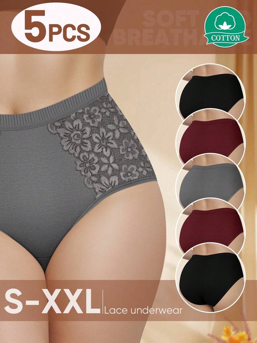 5-Pack High-Waisted Slimming Panties For Women, Triangle Panties With Lace Trim, Shaping And Waist-Slimming, Soft And Breathable Cotton Underwear Women - 彩色 - 查看 1