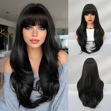 NICKY WALL 24inch Long Wavy Black Wigs For Women,Elegant Wave Curly Wigs With Nature Full Bangs,High Quality Soft Synthetic Fiber Wigs For Women Daily Wear, Festival Ready Party Use, Graduation Gift - Beginners Glueless Wig Accessories - 黑色 - 查看 12