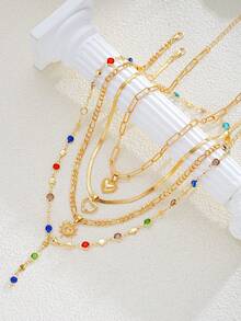 4pcs/Set Elegant Vintage Bohemian Style Women's Faux Pearl Colorful Heart Pendant Tassel Y-Necklace Set, Suitable For Daily, Party, Date, Wedding, Vacation, Multi-Layer Wear, Delicate Necklace, 2025 New Collection - Gold - View 3