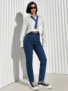 Women's High Waist Pocketed Tapered Casual Versatile Jeans - Navy Blue - View 4