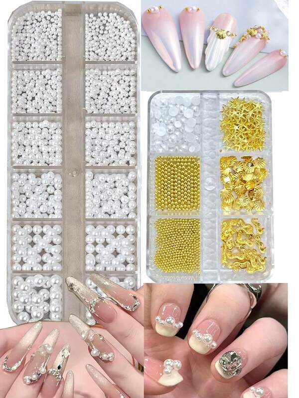 2 boîtes de perles de caviar doré, décorations pour nail art, accessoires pour ongles doux et mignons