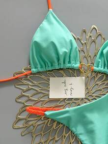 2pcs Casual Cute Elegant Sexy Bohemian Floral Tie-Up Braided Bikini Swimsuit, Beach Vacation, Spring/Summer - Baby Blue - View 4