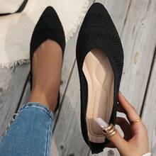 优雅女士平底鞋，尖头平底鞋，黑色、米色、浅蓝色、海军蓝可选；针织休闲芭蕾平底鞋；舒适套脚乐福鞋；波西米亚风平底凉鞋；大码夏季透气网面休闲步行鞋；纯色套脚平底鞋 - 黑色 - 查看 13