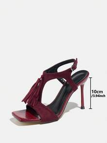 Zapatos de tacón alto para mujer, adecuados para primavera, otoño, fiestas nocturnas, reuniones, exteriores, banquetes de moda de alta gama, galas, exposiciones, tacón alto delgado chapado, punta cuadrada, decoración con borlas, correa de tobillo ajustable, material de gamuza sintética suave, elegante, lujoso, clásico, tacones altos burdeos, versátil para ir al trabajo, vestidos formales - Burdeos - Ver 4