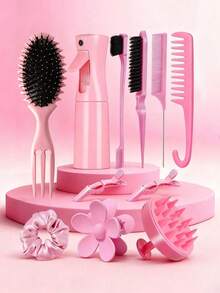 11pcs Hair Styling Tools Set, Curl Defining Brush, Spray Bottle, Wide Tooth Comb With Hook, Shampoo And Massage Comb, Teasing Hair Brush, Rat Tail Comb, Edge Brush, Flower Hair Clip, No Matter What Kind Of Hair Style You Are, There Is Always One For You, Works Great On Wet, Dry, Long, Short, Thick, Curly, And Detangler Hair, It Is The Perfect Gift Sets For Mother, Sisters, Female Friend(Purple,Pink) ,Hair Styling Kit