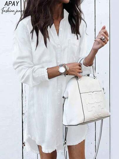 Women's Full White Denim Shirt Dress, Long Sleeve Button-Down Denim Jacket Dress, Casual Spring/Summer Outfit