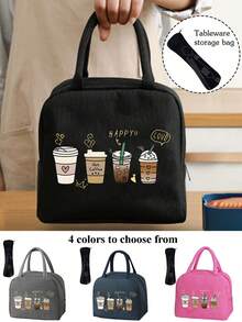 4-Cup Boba Tea Pattern Insulated Lunch Bag, Pink Heart & "True Love" Graphic Insulated Lunch Box With Black Utensil Pouch, Large Capacity Student Thermal Cooler Bag - Multicolor - View 16