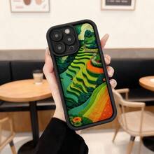 Cubierta de teléfono con borde negro diseño de campos en terrazas verdes y naranjas para uso diario en cafeterías y espacios interiores Aplicable a los teléfonos de la serie Apple y Galaxy - Blanco - Ver 1