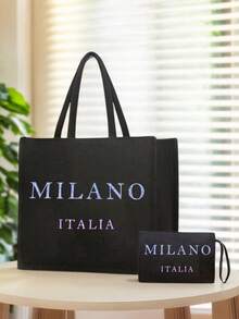 亚麻手提袋套装，包含一个印有渐变闪光“意大利米兰”字样的手提袋和一个印花小袋，可定制字母、花朵等图案，适合婚礼、生日、海滩、节日等场合，是送给女性、母亲、教师、朋友、伴娘、学生、返校季、圣诞节、情人节、新年、斋月等节日的完美礼物。 - 彩色 - 查看 9