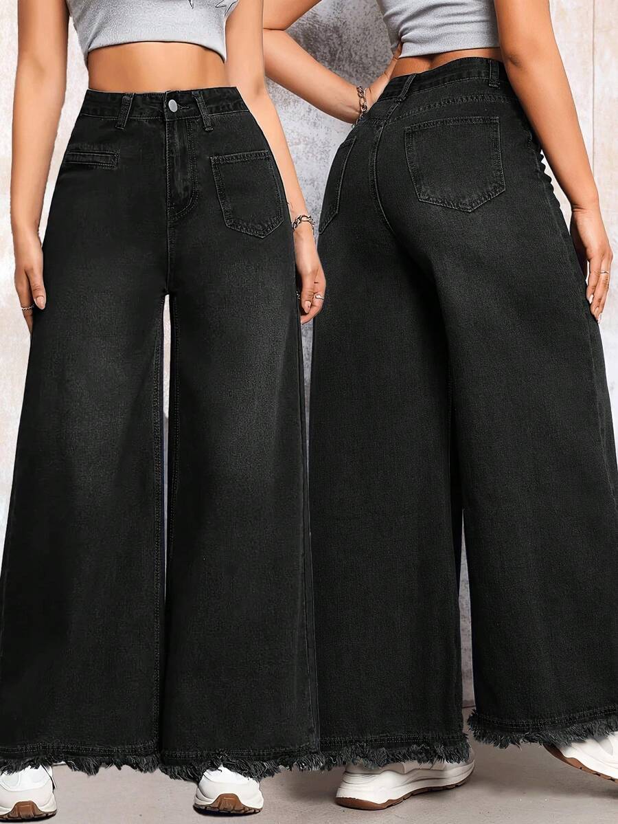 1 Peça Calça Denim Elegante de Perna Larga - Cor Sólida, Adequada para Todas as Estações, Tecido Tecido com Média Elasticidade - Detalhe de Barra Desfiada, Casual Preto Primavera Feminino - Preto - Visão 1
