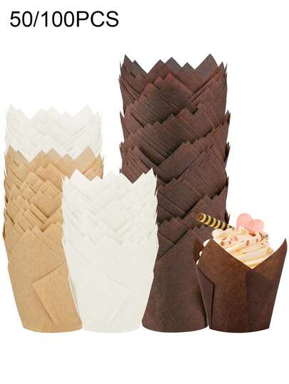 50/100pcs Tulip Flower Paper Cupcake Liners,Muffin Baking Cups, Flame Shaped Disposable Heat Resistant Grease-Proof Cake Cups,Grease-Proof & Heat Resistant Cupcake ,Foil Muffin Liners,Ramekin Holders,Aluminum Cupcake Tip Pan,Oil-Proof Tulip Baking Cup Holders, Suitable For Baking Cups,Baking Tray Tools