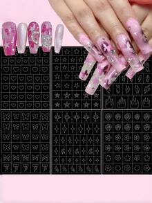6 Sheets, 197 Pieces Per Sheet / 1 Sheet Of Hearts (37 Pieces) / 1 Sheet Of Butterflies (30 Pieces) Nail Art Hollow Stickers Set, Nail Art Template, Lined Leopard Print Design, Making Nail Art/Nail Salon Work Easier Nails - Black - View 2