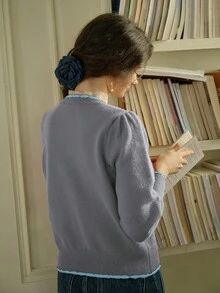 Simple Retro 女士圆领撞色蝴蝶结针织开衫 - 灰色 - 查看 2