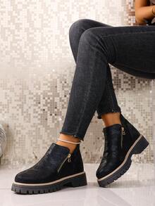 女士踝靴，女鞋冬靴，女士平底鞋，新款踝靴，女士拉链鞋 - 黑色 - 查看 10