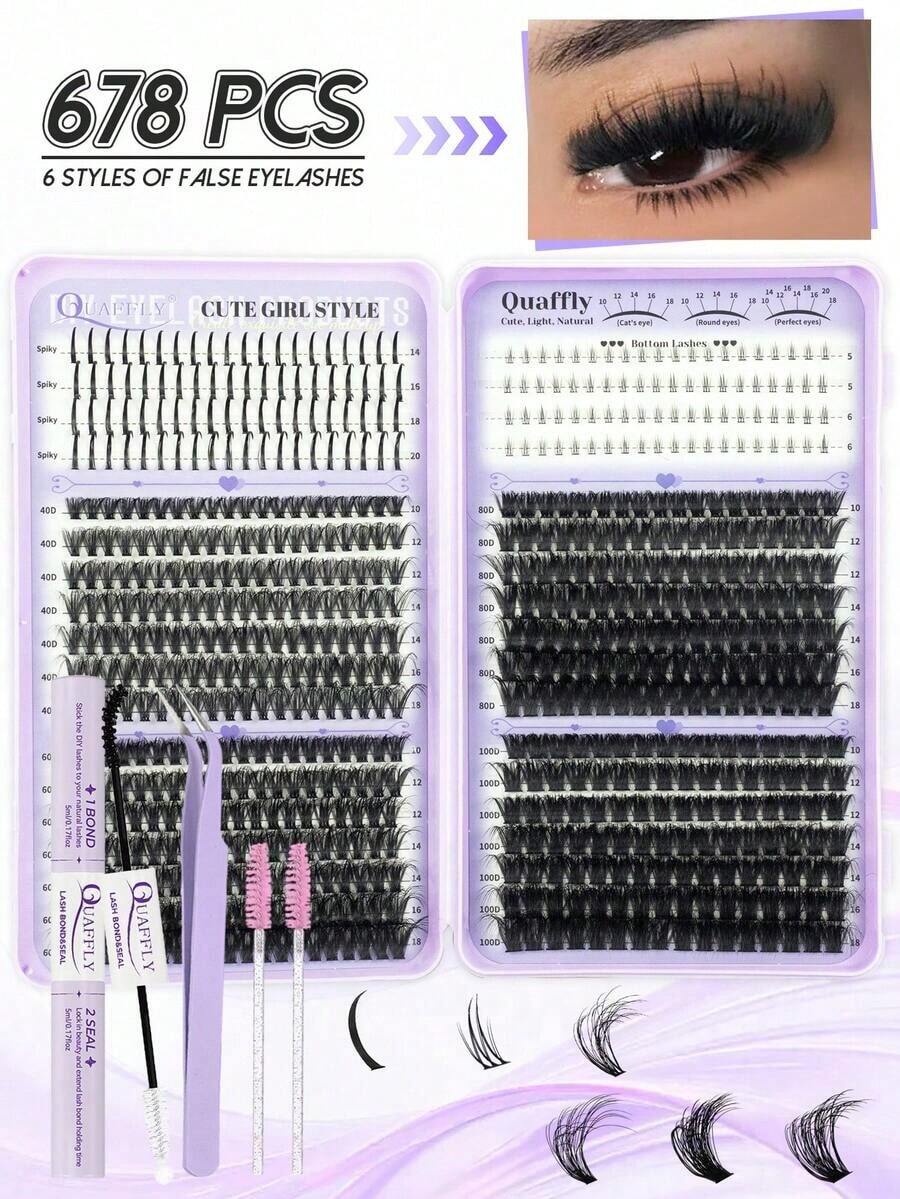 678PCS Lash Clusters With Spikes Wispy Eyelash Clusters Kit 14-20mm Spikes Lash ClustersVolume Cluster Eyelash Extensions Lash Clusters Kit Individual Lashes With Lash And Seal (40D 60D 80D 100D,10-18mm) - Bộ lông mi giả + dụng cụ - Xem 1