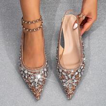 New Fashionable Rhinestone Pointed Toe Flat Slip-On Shoes, Comfortable & Versatile Shiny Flats For Women - Champagne - View 11