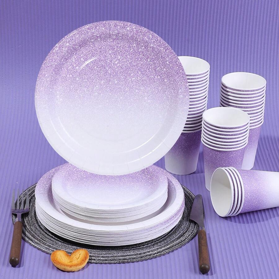 10pcs/20pcs/30pcs/60pcs Set Ombre Purple Party Supplies, Lavender Paper Plates, Cups, Napkins, Suitable For Wedding, Bridal Shower, Birthday, Anniversary Lavender Themed Party Decorations, Disposable Party Tableware, Soft Color Tone, One-Time Paper Dinnerware - Multicolor - View 1