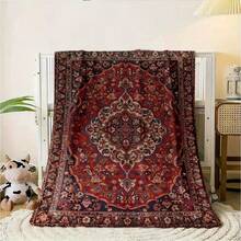 1pc Bohemian-Inspired Flannel Blanket - Vibrant Red & Golden Floral Pattern, Soft Polyester, Perfect For Indoor/Outdoor Use, Camping, Sofa, Bed, Office Decor, Seasonal Gift, All-Season Comfort, Camping Accessory |   Bohemian Style |   Durable High Quality Flannel Blanket, Give Your Loved Ones A Thoughtful Warmth - 混合色 - 查看 5