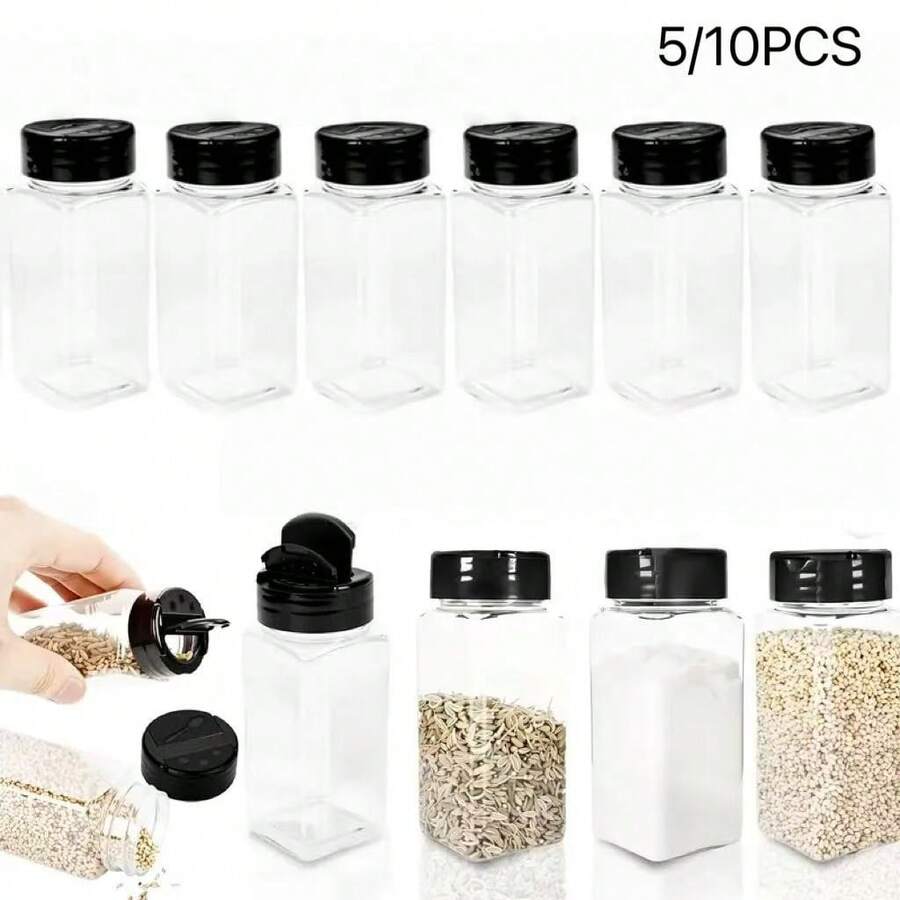 5/10 lọ gia vị vuông bằng nhựa có nắp vặn màu đen, 100ml/3.5oz - Hộp đựng gia vị chống rò rỉ cho gia vị, bột, ớt và muối - Sắp xếp nhà bếp bền chắc, thiết kế trong suốt để dễ nhìn, lọ gia vị - - - Xem 1