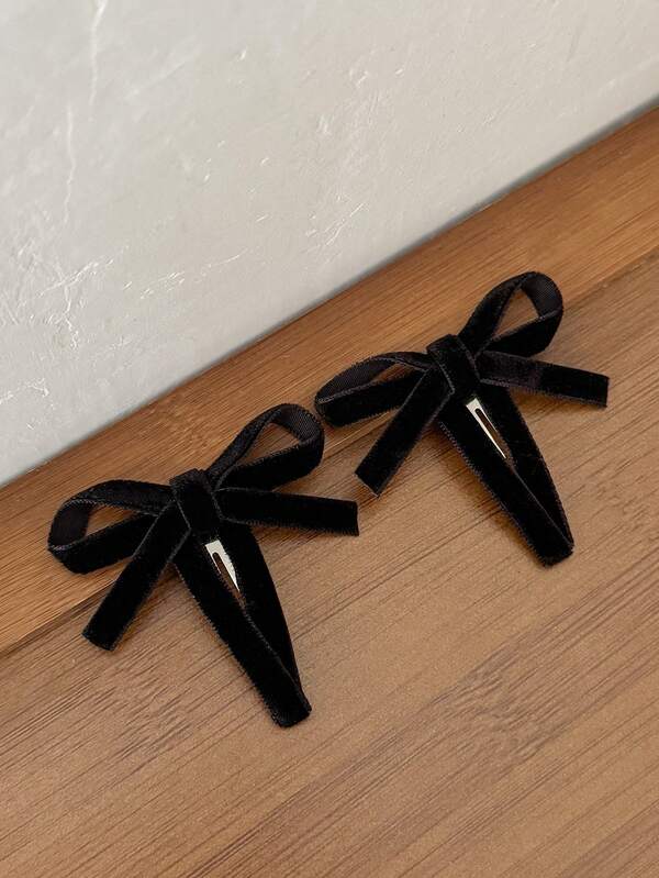 2pcs Women's Solid Velvet Minimalist Elegant Bow Hair Clips, Suitable For Daily Dates, Travel, Beach Parties, Commuting, And School Outfits