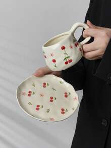 1set Cute Cherry Blossom Ceramic Coffee Cup & Saucer Set, Hand-Painted Glazed Mugs, Breakfast Milk Cup, Bread Plate, Office Water Cup, Latte Art Cup, Juice Beverage Cup, Couple Water Mug, Holiday Gift Cups, Christmas Gift