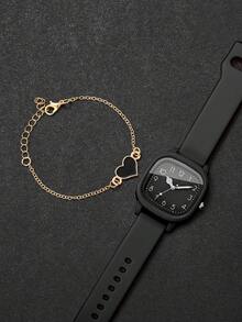 Set de 2 relojes de cuarzo de silicona para mujer con esfera cuadrada y pulsera elegante con encanto, sin caja de reloj incluida - Negro - Ver 6