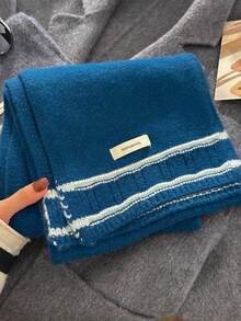 100% Wool Solid Color Scarf For Women, Versatile & Elegant For Autumn/Winter; Fashionable Striped Patchwork Knitted Scarf For Women - Dark Blue - View 2