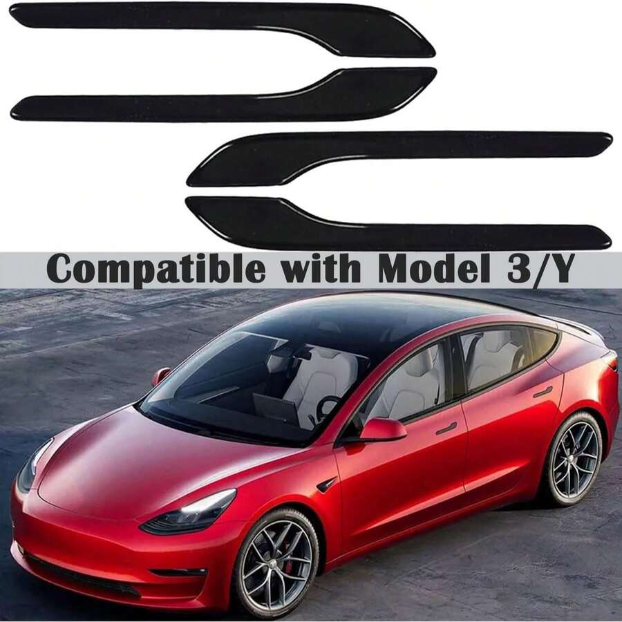 适用于特斯拉 Model 3/Y 的车门把手装饰套,时尚门把手贴膜装饰,适用于 2017-2023 款 Model 3/Y,汽车门把手贴膜装饰套,汽车配件 4 件套 - 亮黑色 - 彩色 - 查看 1