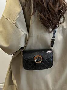 1pc Black PU Elegant Minimalist Diamond Quilted Sophisticated Hardware Flap Crossbody Saddle Bag, Suitable For Women's Work, Daily Life, Commuting, Social Gatherings, Business, Shopping, Fits Phone, Wallet, Lipstick, Keys, Tissue, Pouch, Fashionable Accessory - Black - View 6