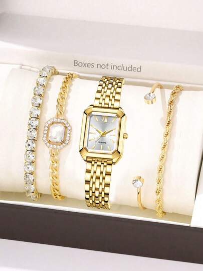JasonRolls 5pcs/Set Women's Watch, Luxury Gold-Tone Stainless Steel Band Watch, Alloy Material, Alloy Strap Set, Daily Wear, Watch & Bracelet Set, Gift For Women