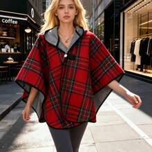 Women's Elegant Cape-Style Blanket Wrap - 2-In-1 Reversible Plush Shawl, Thermal Thickened Cloak For Office, Maternity, Christmas Party & Travel | Luxurious Fleece Evening Wear In Green And Red - 橄欖綠 - 查看 2