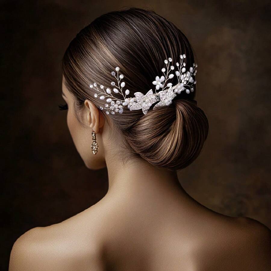1件优雅新娘头饰，饰有水钻、仿珍珠和叶子花朵，简约发型配饰 - 銀色 - 查看 1