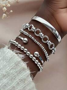 5pcs Fashionable Exaggerated Minimalist Vintage Coin Design Layered Chunky Chain Beaded Bracelet Set, Smooth Bangle Cuff Suitable For Date, Vacation, Daily Wear, Party, Wedding, Birthday Gift For Women - Silver - View 10