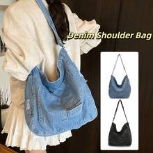 Torebka na ramię z dżinsu vintage, damska, duża pojemność, listonoszka, regulowany pasek, torba na ramię - Wielokolorowe - Zobacz 8