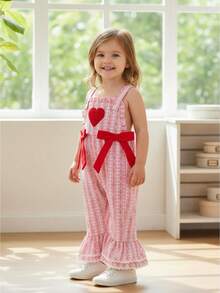 Baby Girl Overalls Sleeveless Heart Embroidery Jumpsuit Flare Suspender Pants Valentines Day Outfit - 橘色 - 查看 1