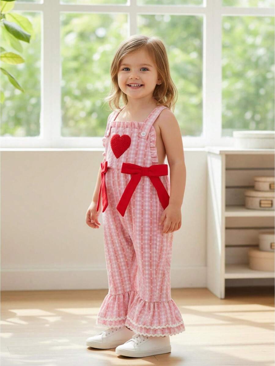 Baby Girl Overalls Sleeveless Heart Embroidery Jumpsuit Flare Suspender Pants Valentines Day Outfit - 橘色 - 查看 1