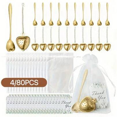 1/20 Set Luxury Gold Tea Set Gift, Includes 5.51" Heart Shaped Tea Infuser, Creative Heart Spoon, Thank You Card And Quilted Bag | Suitable For Wedding, Birthday, Party, Christmas, Anniversary, Housewarming, Graduation | Wedding Party Supplies | Bridal Shower Favors | 20 Sets Guest Gifts, Party Favors, Durable Material Tea Ceremony Accessories, Event Organizers, Wedding Favors, Tea Infuser, Tea Filter, Tea