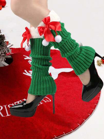 1 par de medias de lana con lazo y medias de Navidad de felpa cálida, calentadores de piernas de punto de lana