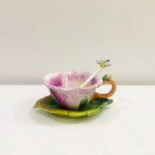 1 Set Handpainted Floral Ceramic Tea Cup & Saucer, 3D Sculpted Rose, Tulip, Daisy Flower Coffee Mug, 1pc 150ml(5oz) Cup With Handle, 1pc Leaf Plate, 1pc Butterfly Spoon, Unique Home Decor, Valentines, Mother's Day, Christmas Gift