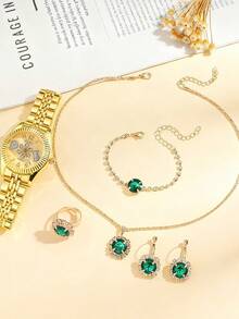6件套女士石英表套装，时尚奢华合金材质，镶嵌水钻，绿色宝石饰品，适合日常搭配、生日、女士礼物、周年纪念、年末促销、双十一、万圣节、圣诞节促销等场合，不含礼盒 - 金色 - 查看 3