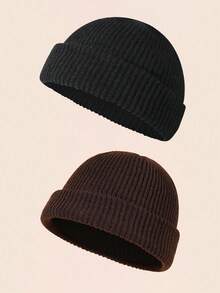 2 chiếc mũ len beanie trơn màu thời trang dành cho nam, mũ len ấm áp thường ngày phù hợp với trang phục mùa thu/đông, quần áo mùa đông - 2 chiếc - Xem 21