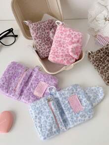1 PC Winter Cartoon Plush Pink Leopard Pattern Wallet Student Pendant Leopard Pattern Card Bag Girl Earphone Data Cable Storage Bag - Multicolor - View 7