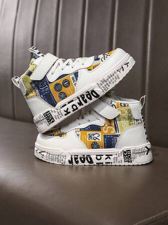 Children's Fashion White & Yellow Matching Random Pattern Hook And Loop Design Sports Shoes, Comfortable & For Toddlers, School, Outdoor Play, High-Top Simple Casual Running Shoes