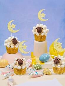 12pcs Eid Mubarak Theme Cupcake Decorations, Crescent Moon & Star Eid Cupcake Decorations, Islamic Ramadan Ramadan Eid Al-Fitr Party Cake Decorations - Multicolor - View 1