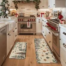 1/2/3pcs Christmas Kitchen Carpet, Christmas Element Decorated Floor Mat, Anti-Slip Christmas Kitchen Floor Mat, Thickened Flannel Material Soft, Comfortable, Easy To Clean, Suitable For Kitchen, Bedroom, Living Room, Door, Bathroom Entrance, Laundry Room