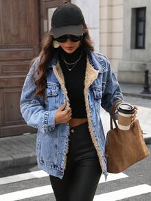 Mobula Sound Fashionable Denim Jacket, Suitable For Autumn/Winter, Versatile For Casual, Travel, Airport, Y2K Student Style, Thermal Lined, Cold-Proof For Women - Blue - View 5