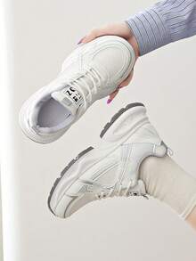 Women's Spring/Summer/Autumn New Mesh Breathable Platform Wedge Sneakers, Lightweight Casual Lace-Up Fashion Sneakers, White/Gray, Casual Running Shoes - Grey - View 3