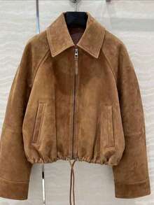 Elegant Women's Short Faux Suede Jacket, Zipper Closure, Long Sleeve, Pockets, Perfect Casual Outerwear - Coffee Brown - View 1
