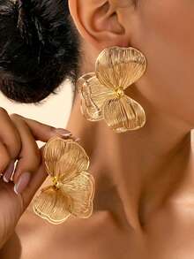 1 对复古优雅金属金色纹理花卉吊坠耳环，适合女性日常、派对、节日、礼物 - 金黃色 - 查看 7