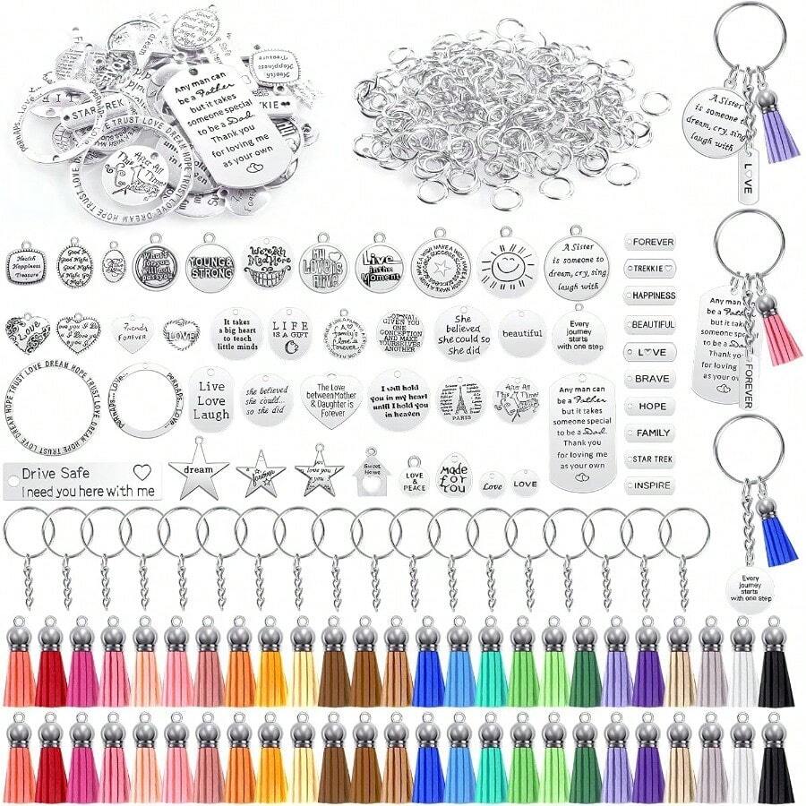 350Pcs Motivational Keychain Accessories With Inspirational Word Charms Tassels Keyring Chain For Keychain Making Supplies - As Pic - View 1